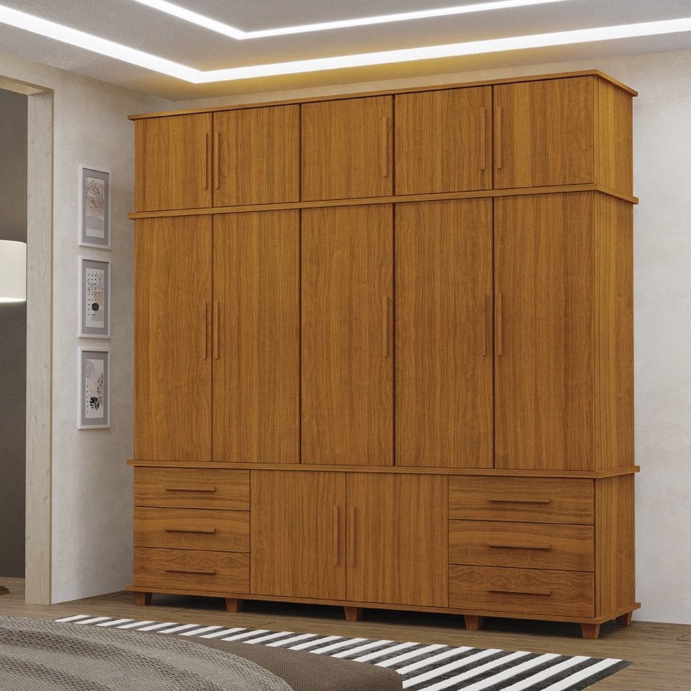 Guarda Roupa Roupeiro Londres Triplex Grande 5 Portas 6 Gavetas com Maleiro Freijó Luapa