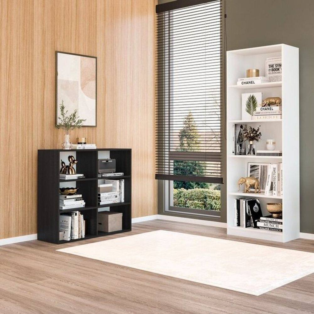 Kit com 1 Estante Multiuso 5 Nichos Montreal e 1 Estante para Livros 6 Nichos Geórgia Branco/Preto