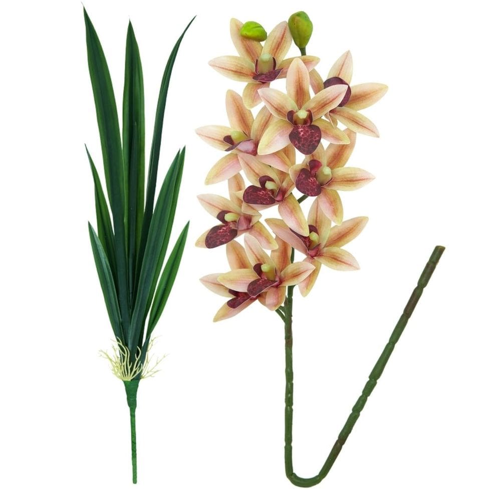 Haste Orquídea 3D Cymbidium Rosê e Folhagem 58cm - MC Flores