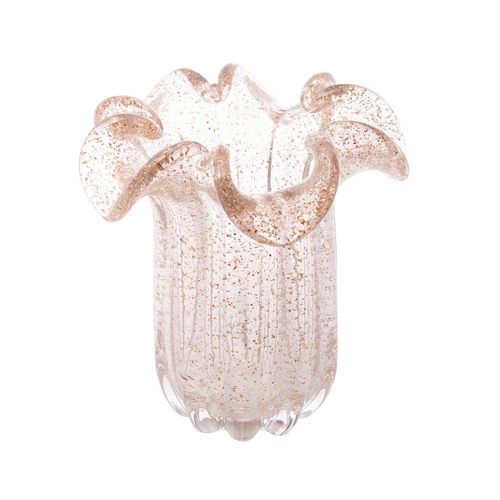 Vaso Decorativo de Vidro Murano Flat Italy Transparente C/Brilho Dourado 21x18cm Wolff