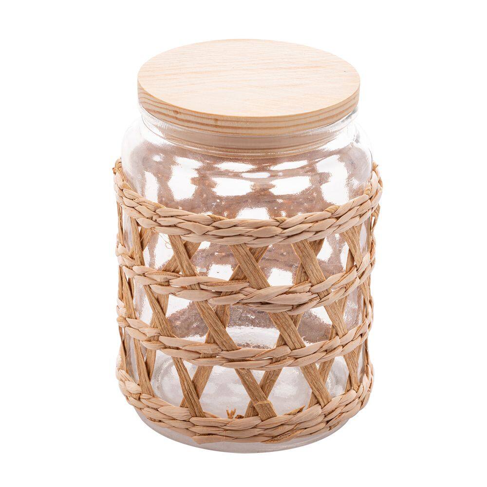 Pote de Vidro Decorado C/Sisal e Tampa de Madeira 750ml Wolff