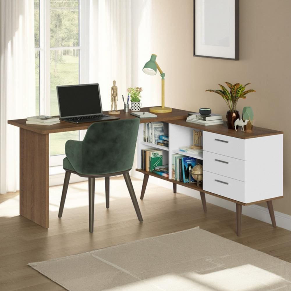 Escrivaninha Mesa de Estudos De Canto 3 Gavetas Branco/Rustic Lisboa Madesa