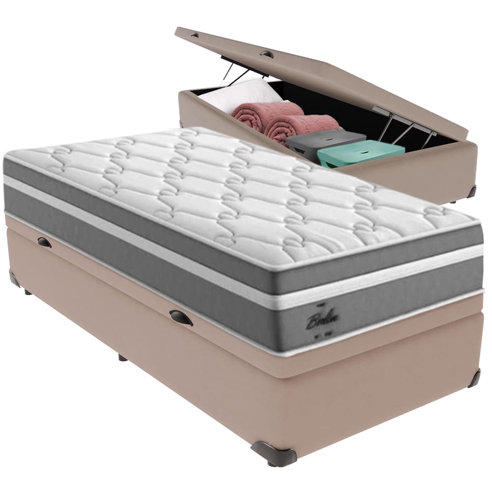 Cama Box Baú Bege e Colchão Berlim Molas Ensacadas Solteiro Probel