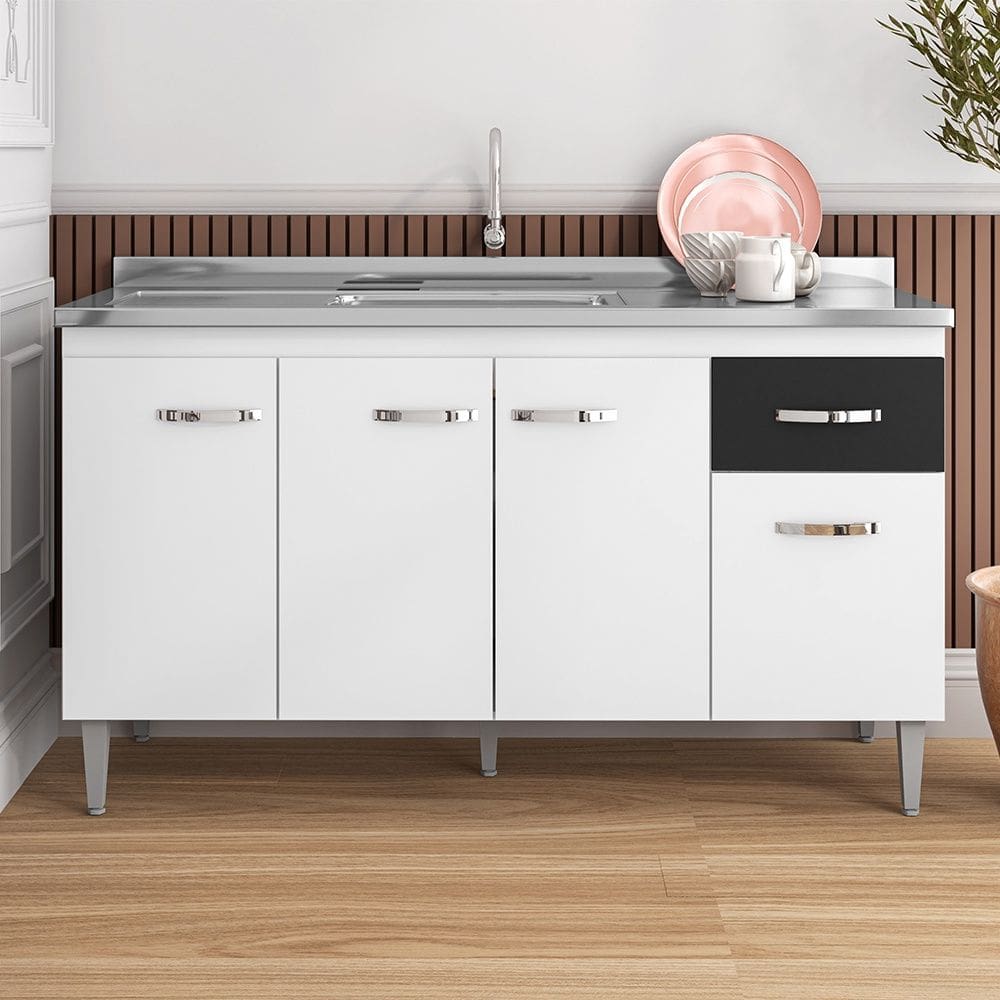 Balcão de Pia Gabriela 150cm Branco Preto AJL Móveis