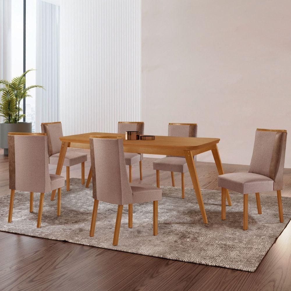 Mesa De Jantar Copper Madeira Com 6 Cadeiras Diane Moderna Linho Capuccino/Tork/Naturale