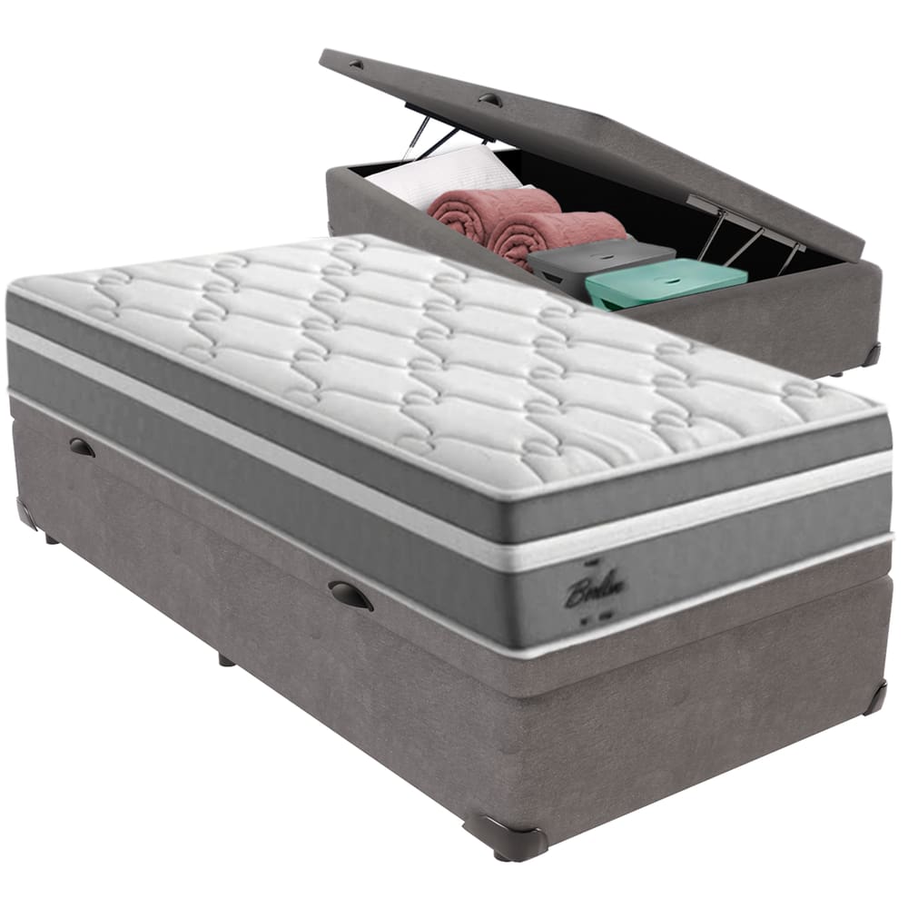 Cama Box Baú Cinza e Colchão Berlim Molas Ensacadas Solteiro Probel