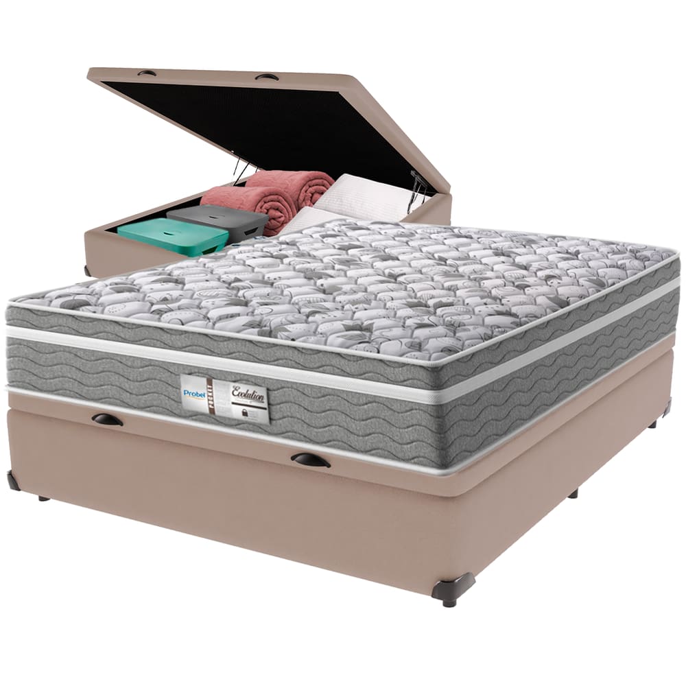 Cama Box Baú Bege e Colchão Evolution Molas Ensacadas Casal Probel