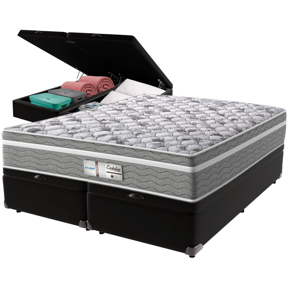 Cama Box Baú Preto e Colchão Evolution Molas Ensacadas Queen Probel