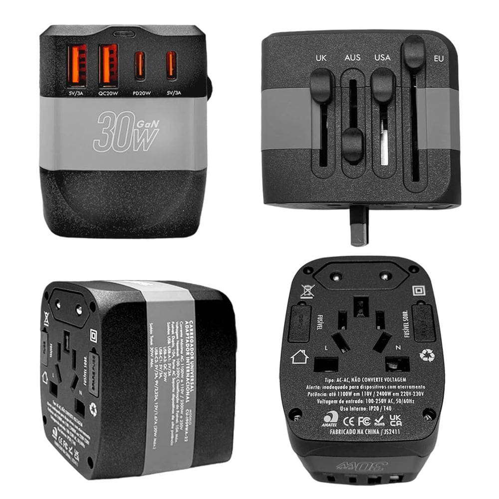 Carregador Adaptador Universal Portátil, Compatível com Diversos Padrões de Tomada, Carregamento Seguro e Rápido, Ideal para Viagens e Uso Diário