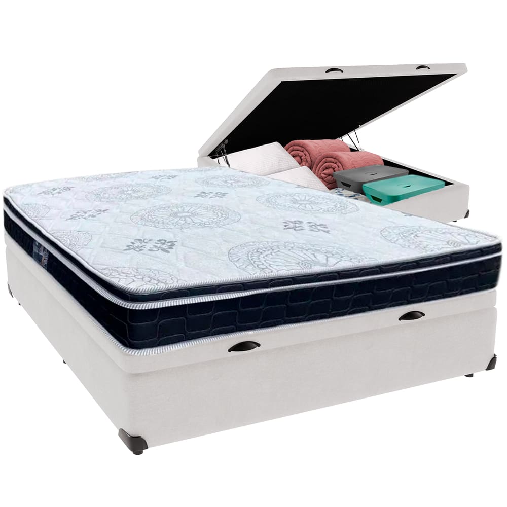 Cama Box Baú Branco e Colchão Orthosono D33 Com Euro Pillow Casal Anjos
