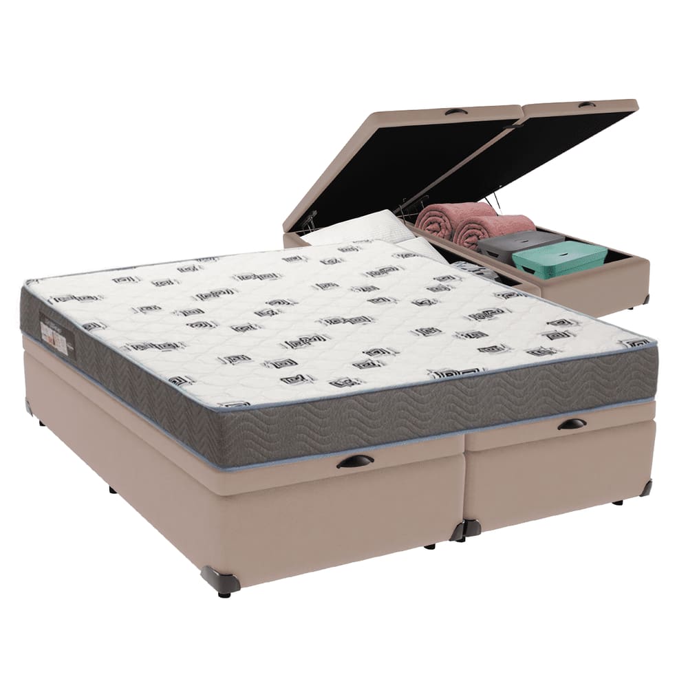 Cama Box Baú Bege e Colchão Light Espuma D33 Queen Ortobom