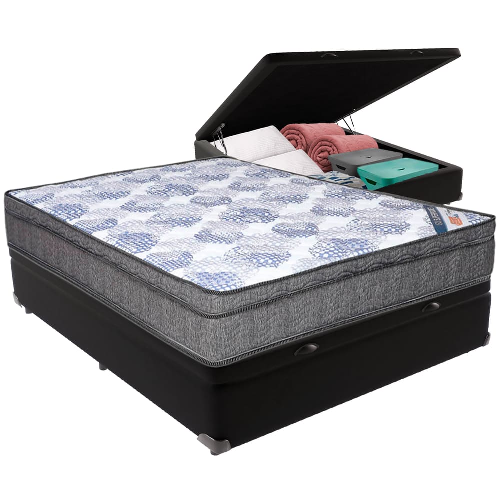 Cama Box Baú Preto e Colchão ISO Molas Ensacadas Viúvo Ortobom
