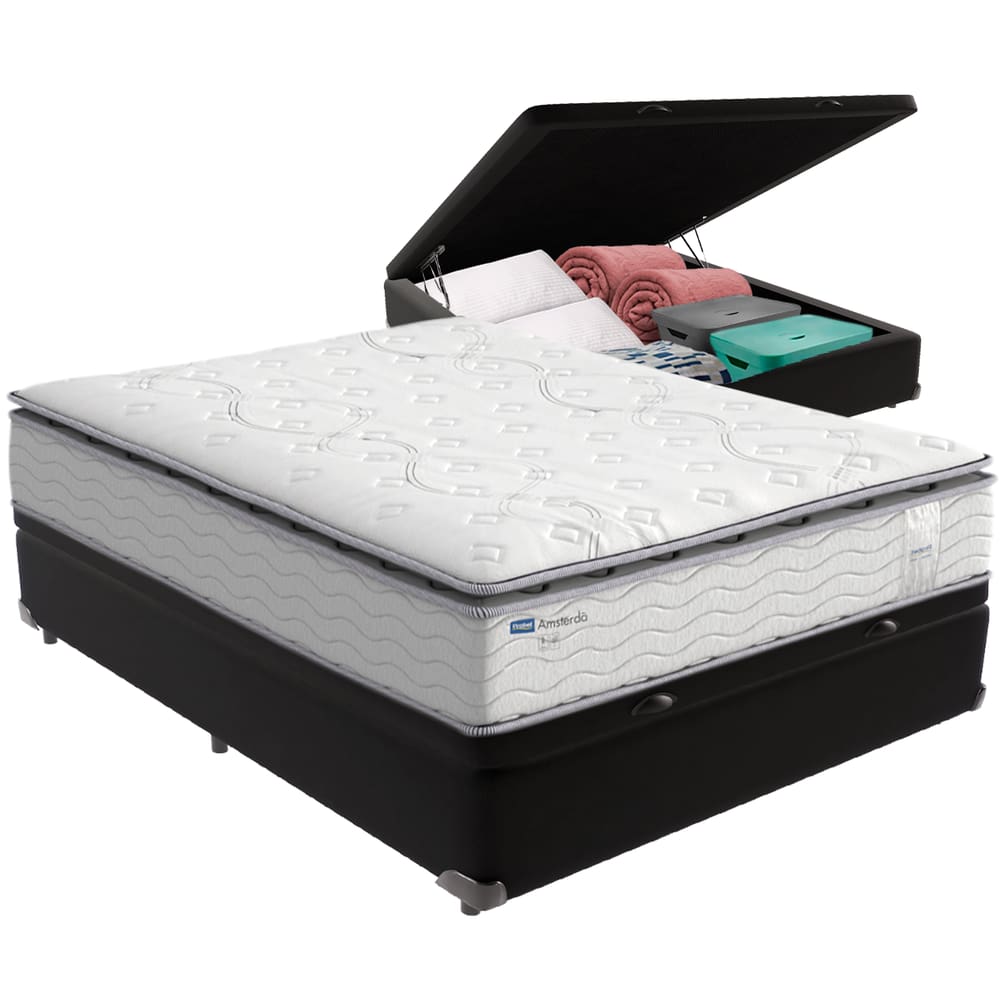 Cama Box Baú Preto e Colchão Amsterdã Molas Ensacadas Casal Probel
