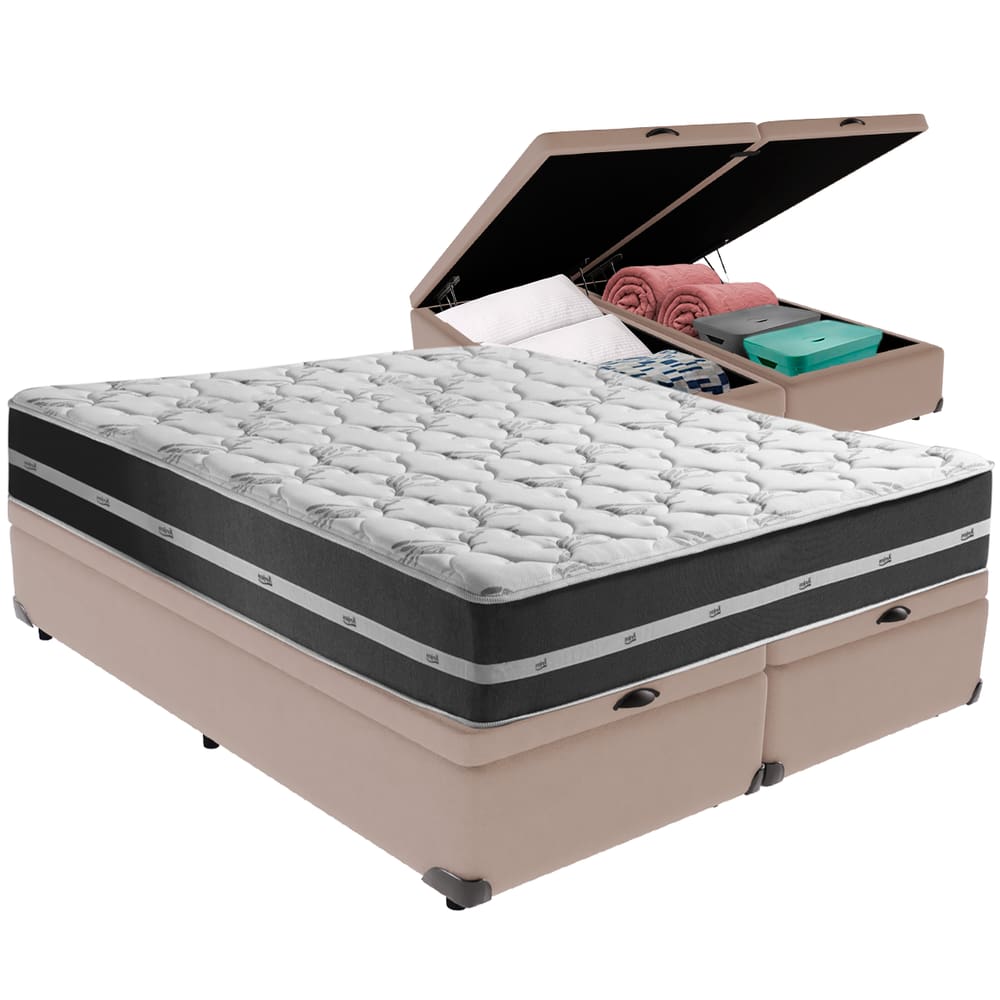 Cama Box Baú Bege e Colchão Classic Preto Molas ensacadas King Anjos