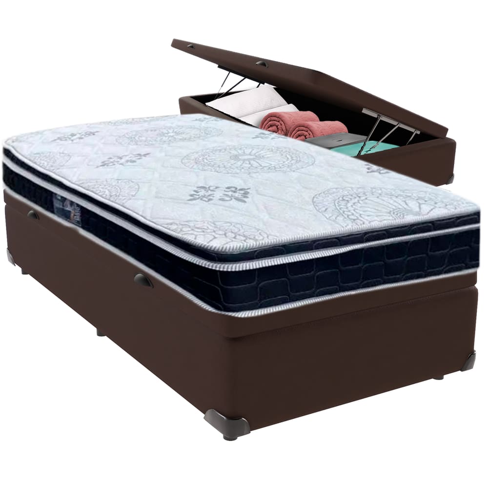 Cama Box Baú Marrom e Colchão Orthosono D33 Com Euro Pillow Solteiro Anjos