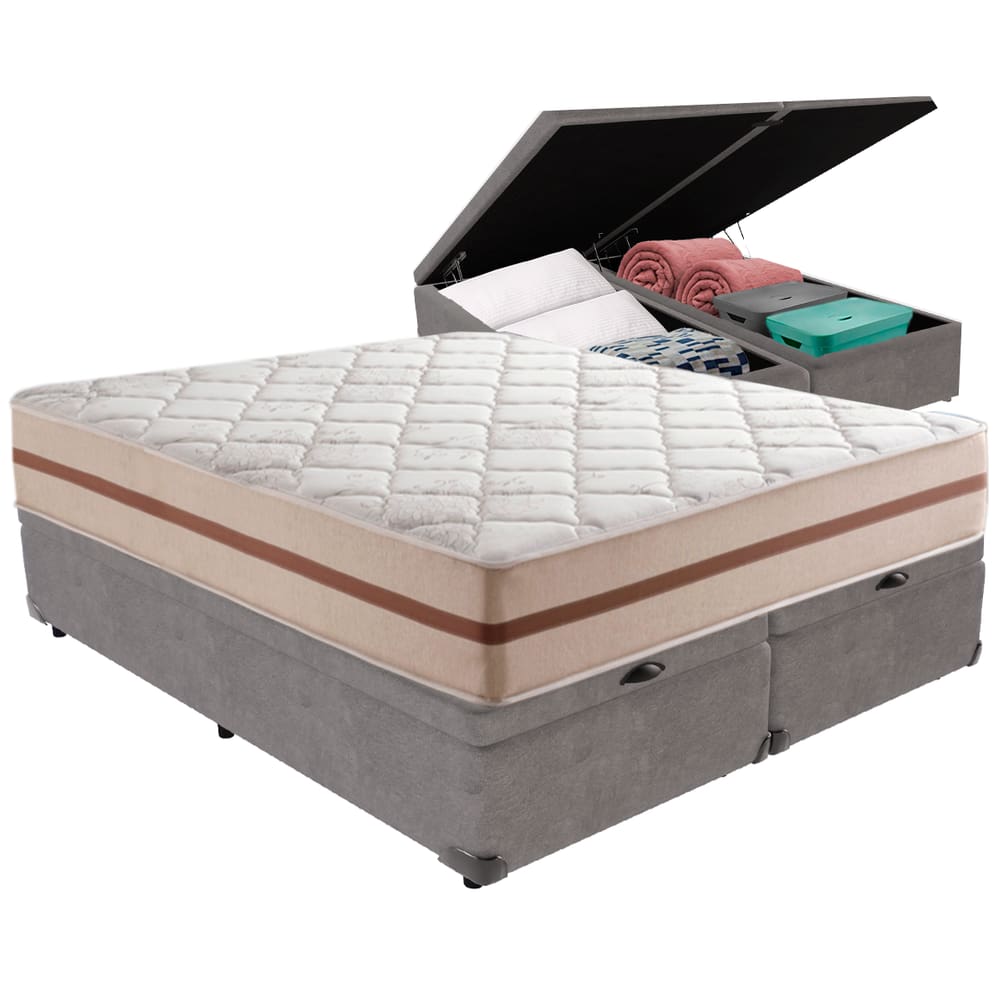 Cama Box Baú Cinza e Colchão Classic 26 cm Molas ensacadas King Anjos