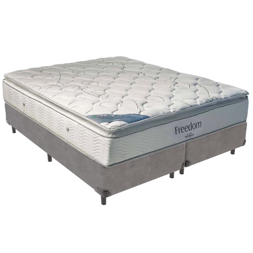 Cama Box Cinza e Colchão Freedom Molas Ensacadas Queen Ortobom