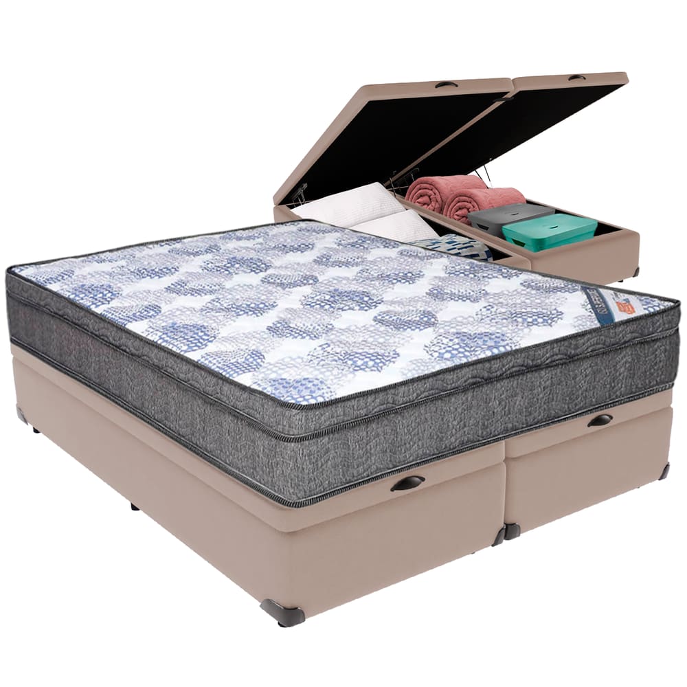 Cama Box Baú Bege e Colchão ISO Molas Ensacadas Queen Ortobom