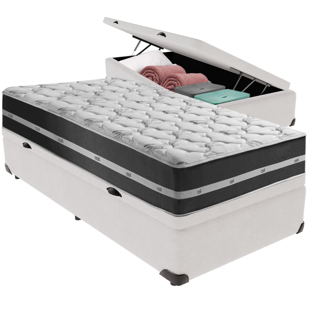 Cama Box Baú Branco e Colchão Classic Preto Molas ensacadas Solteiro Anjos