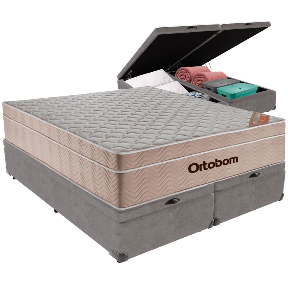 Cama Box Baú Cinza e Colchão Airtech Molas Ensacadas Queen Ortobom