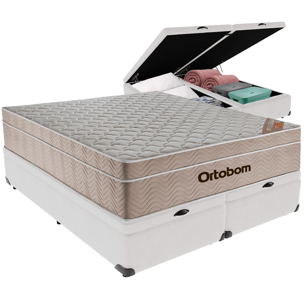 Cama Box Baú Branco e Colchão Airtech Molas Ensacadas Queen Ortobom