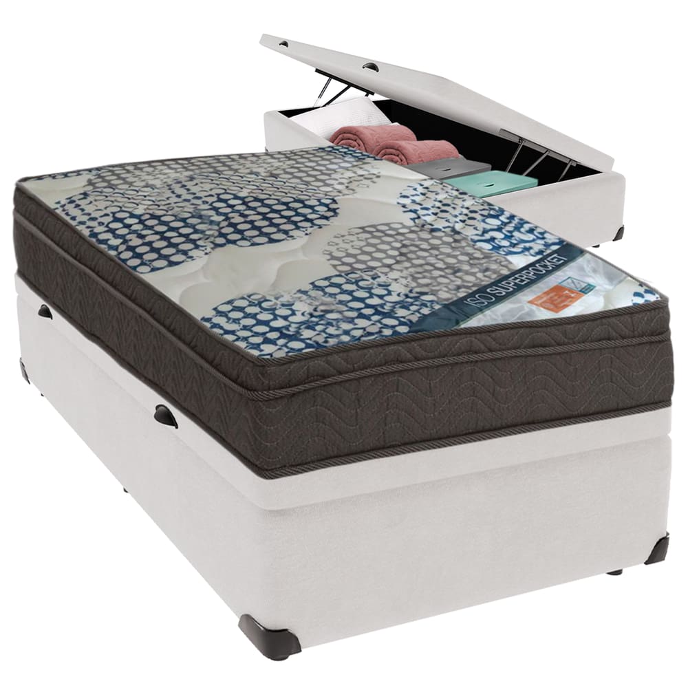 Cama Box Baú Branco e Colchão ISO Molas Ensacadas Solteiro Ortobom