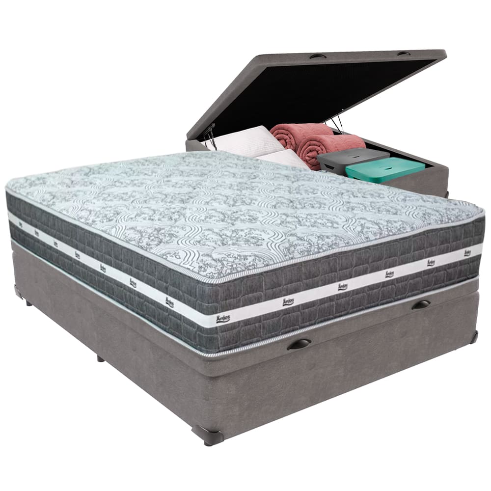 Cama Box Baú Cinza e Colchão Black Graphite Molas Ensacadas Casal Anjos