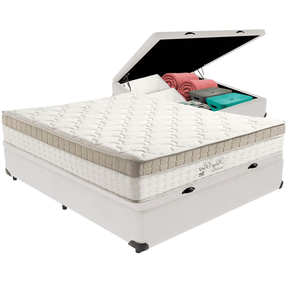 Cama Box Baú Branco e Colchão King Best Bege Molas Ensacadas Casal Anjos