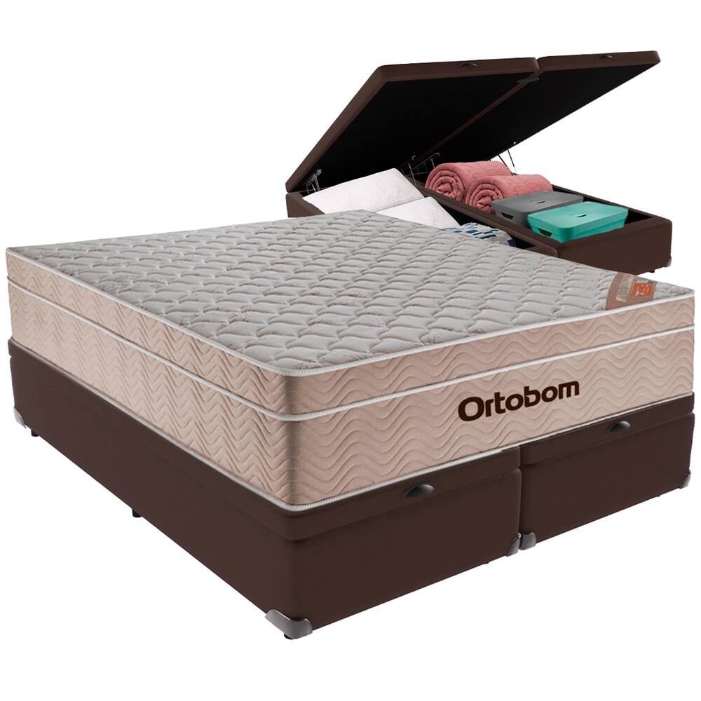 Cama Box Baú Marrom e Colchão Airtech Molas Ensacadas Queen Ortobom