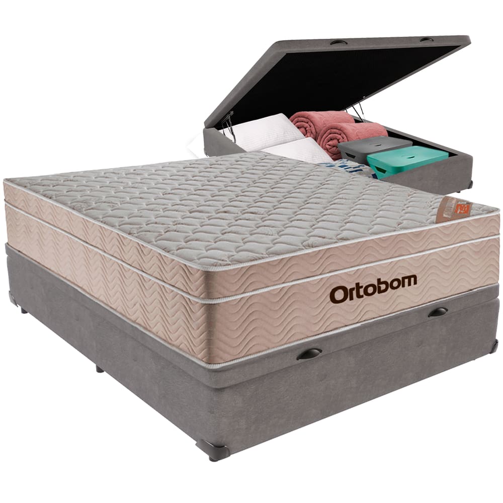 Cama Box Baú Cinza e Colchão Airtech  Molas Ensacadas Casal Ortobom