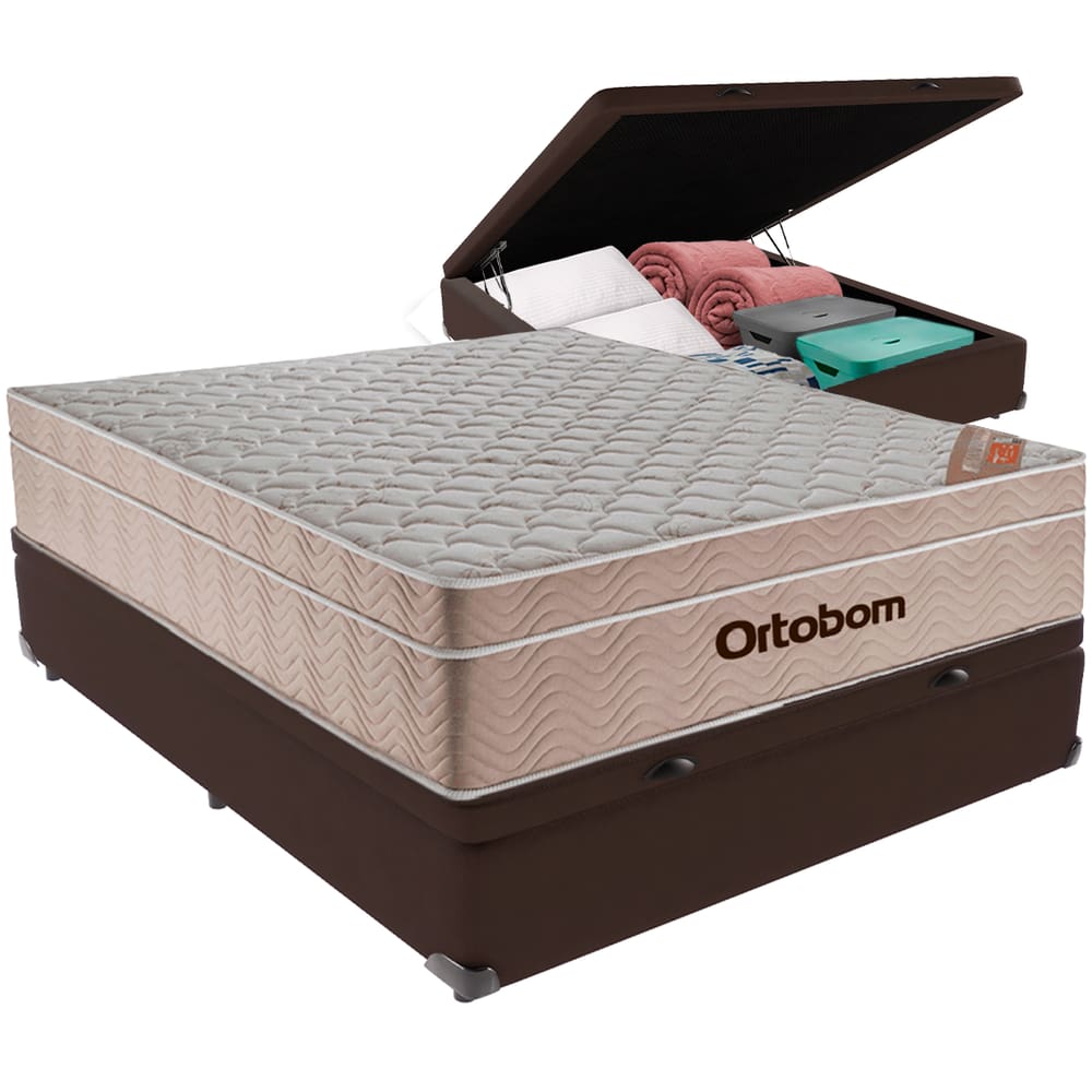 Cama Box Baú Marrom e Colchão Airtech  Molas Ensacadas Viúvo Ortobom