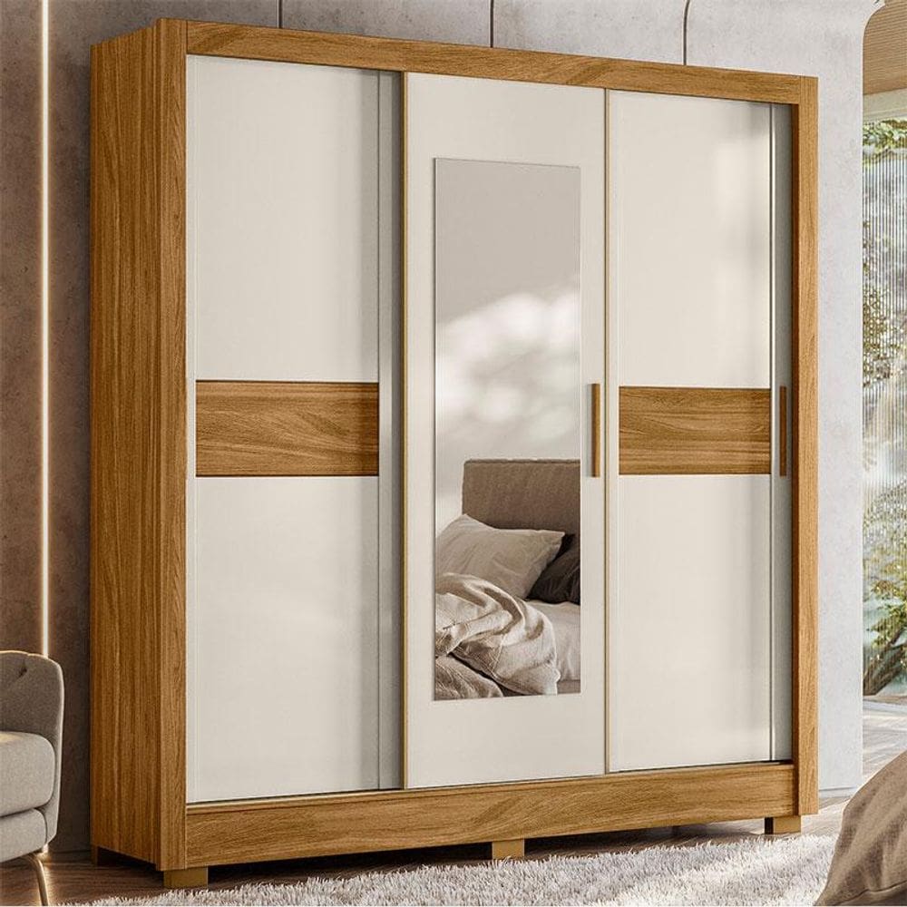 Guarda Roupa Casal Ambiente Bahamas 3 Portas Freijó Off White com Espelho - Moval