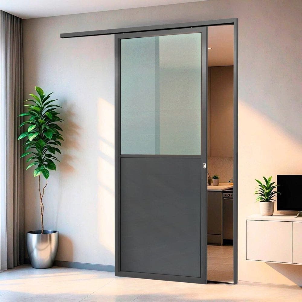 Porta de Correr Suspensa 210x90cm Meia Lambril Meia Vidro Esq L.25 Cinza