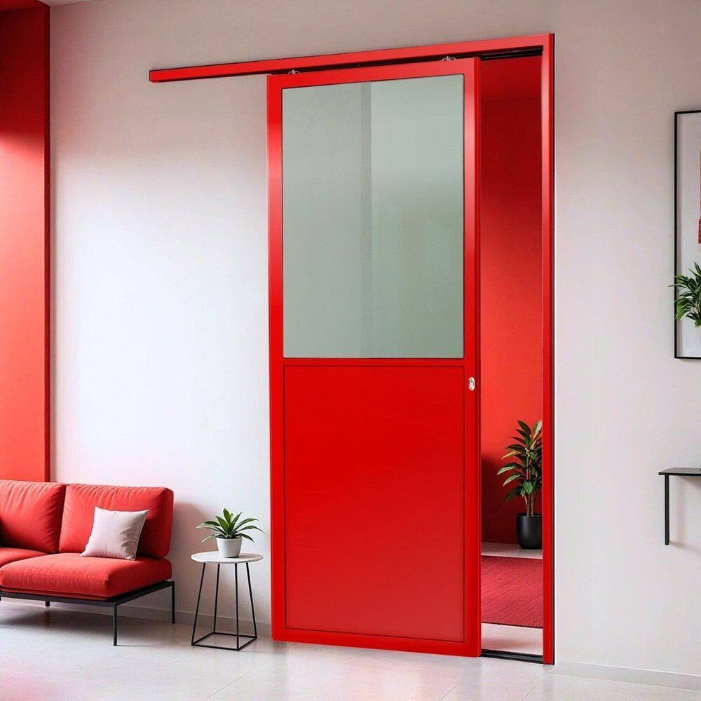 Porta de Correr Suspensa 210x90cm Meia Lambril Meia Vidro Esq L.25 Vermelho