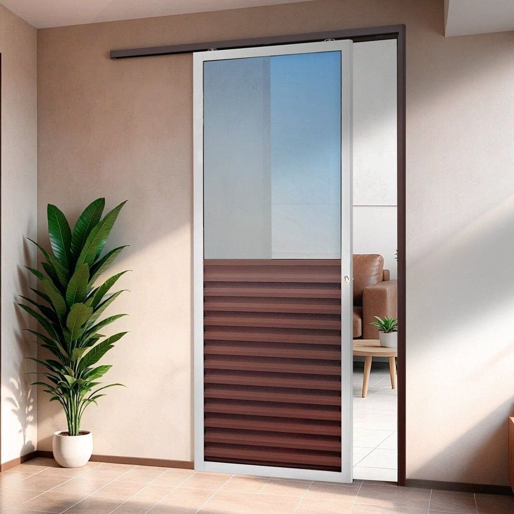 Porta de Correr Suspensa 210x80cm Meia Veneziana Meia Vidro Dir L.25 Mix Corten