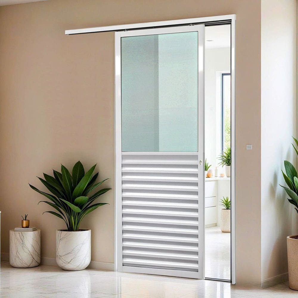 Porta de Correr Suspensa 210cm X 80cm Meia Veneziana Meia Vidro Dir L.25 Brimak Branco