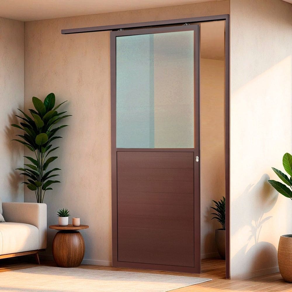 Porta de Correr Suspensa 210x100cm Meia Lambril Meia Vidro Dir L.25 Corten