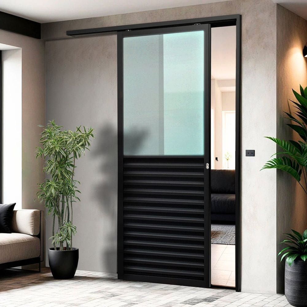 Porta de Correr Suspensa 210x100cm Meia Veneziana Meia Vidro Dir L.25 Preto