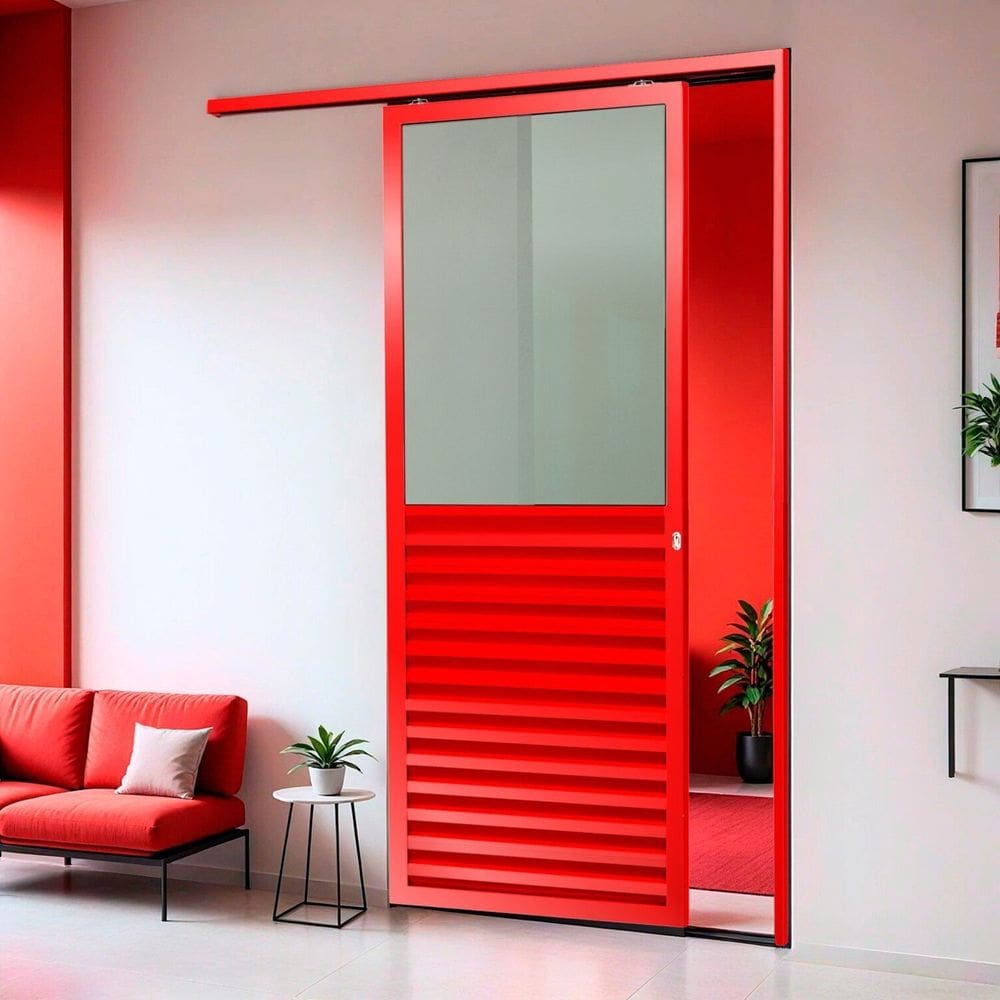 Porta de Correr Suspensa 210cm X 80cm Meia Veneziana Meia Vidro Dir L.25 Brimak Vermelho