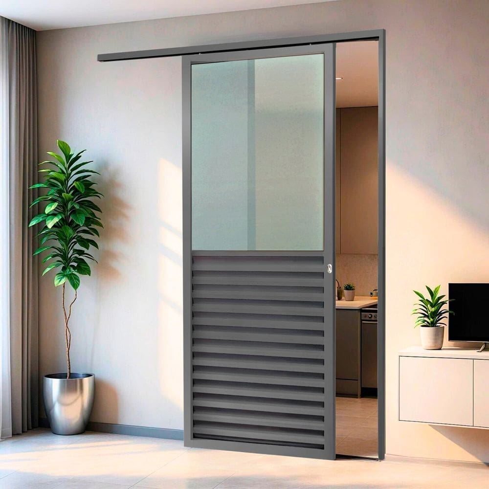 Porta de Correr Suspensa 210cm X 80cm Meia Veneziana Meia Vidro Esq L.25 Brimak Cinza