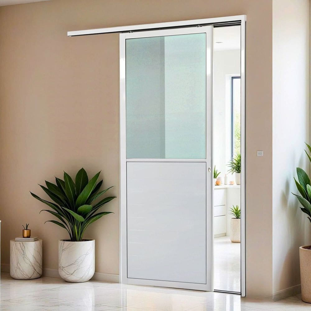 Porta de Correr Suspensa 210x90cm Meia Lambril Meia Vidro Esq L.25 Branco