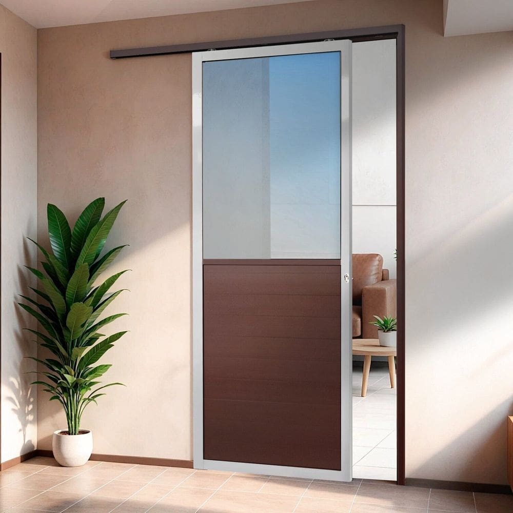 Porta de Correr Suspensa 210x80cm Meia Lambril Meia Vidro Esq L.25 Mix Corten