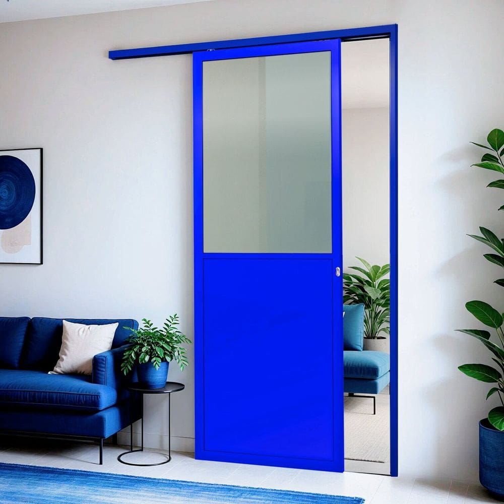 Porta de Correr Suspensa 210x90cm Meia Lambril Meia Vidro Dir L.25 Azul
