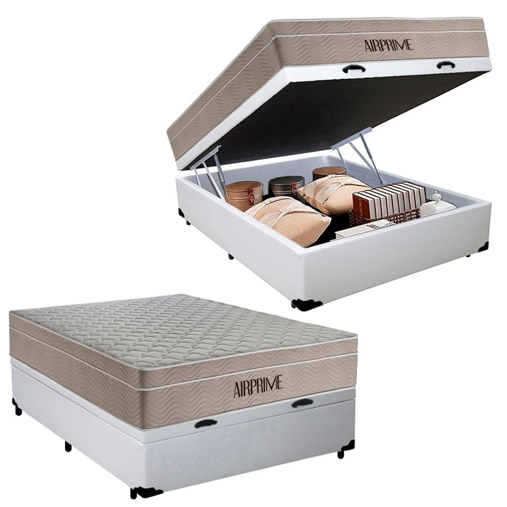 Cama Box Baú Casal Sintético Cremil + Colchão Molas Ensacadas AirPrime 138x188x65cm