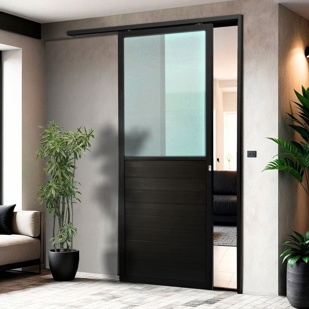 Porta de Correr Suspensa 210x90cm Meia Lambril Meia Vidro Dir L.25 Preto
