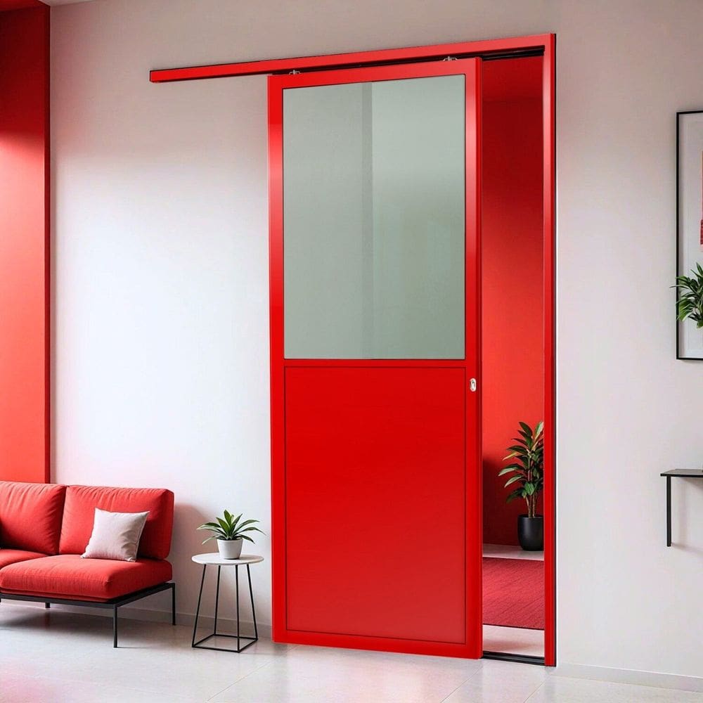 Porta de Correr Suspensa 210x100cm Meia Lambril Meia Vidro Dir L.25 Vermelho