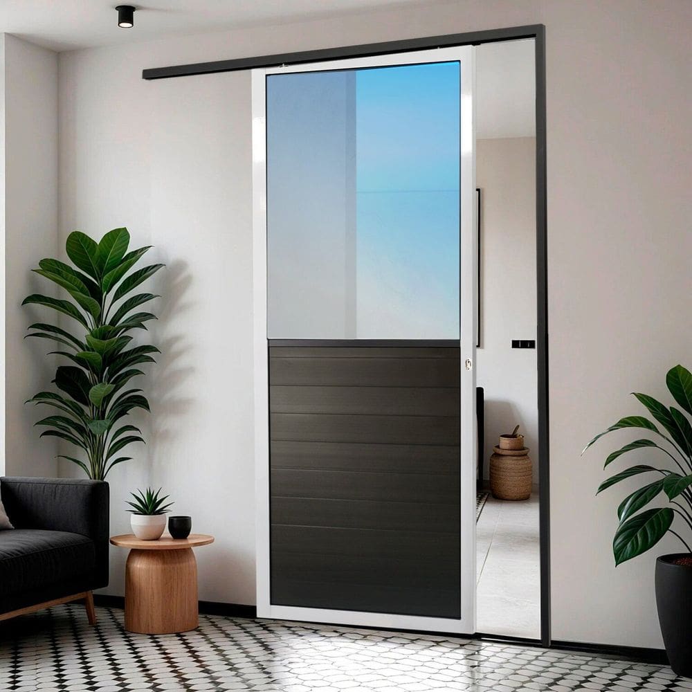 Porta de Correr Suspensa 210x100cm Meia Lambril Meia Vidro Dir L.25 Mix Preto