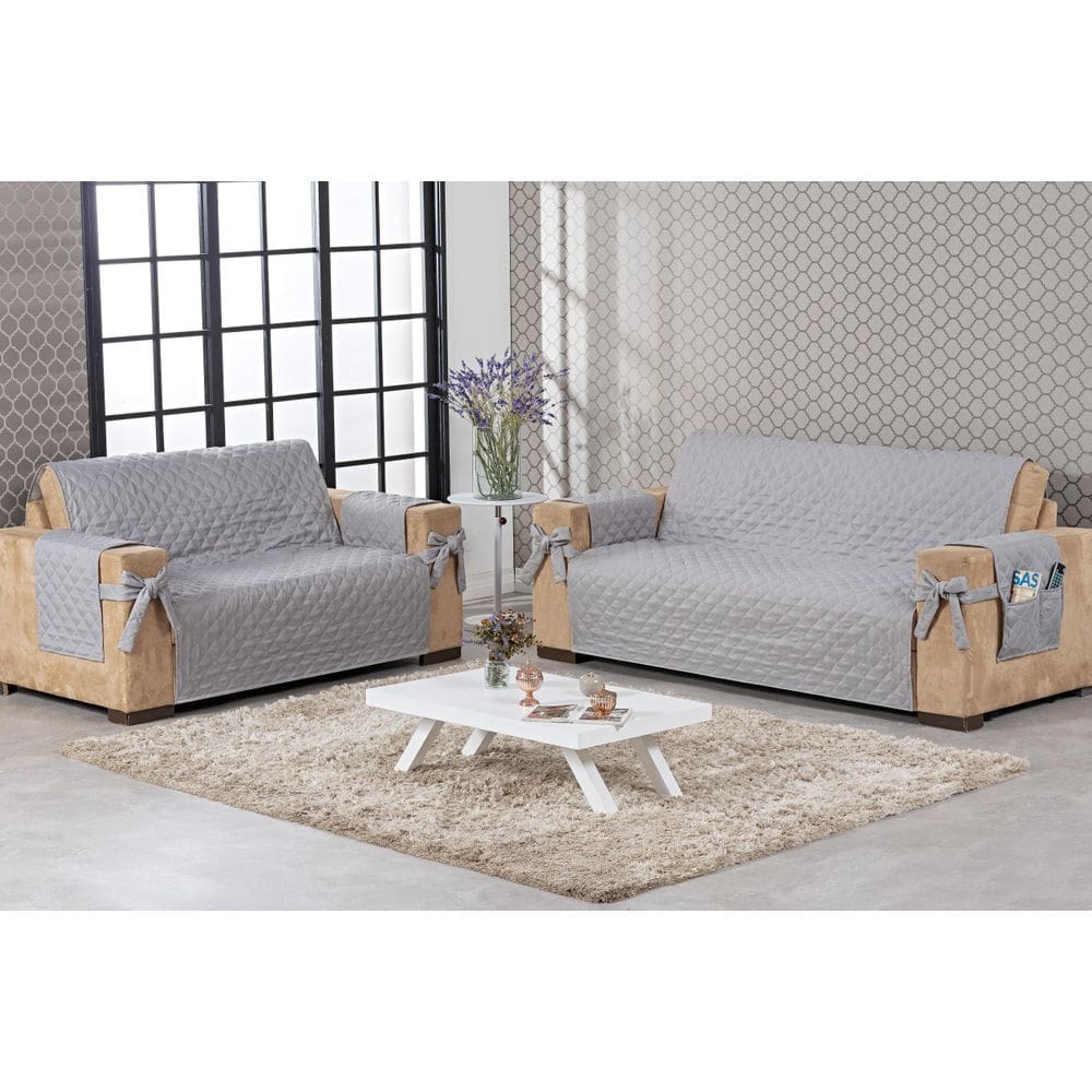 Kit Jogo Capa Protetor De Sofá 2 E 3 Lugares Com Laço Cinza