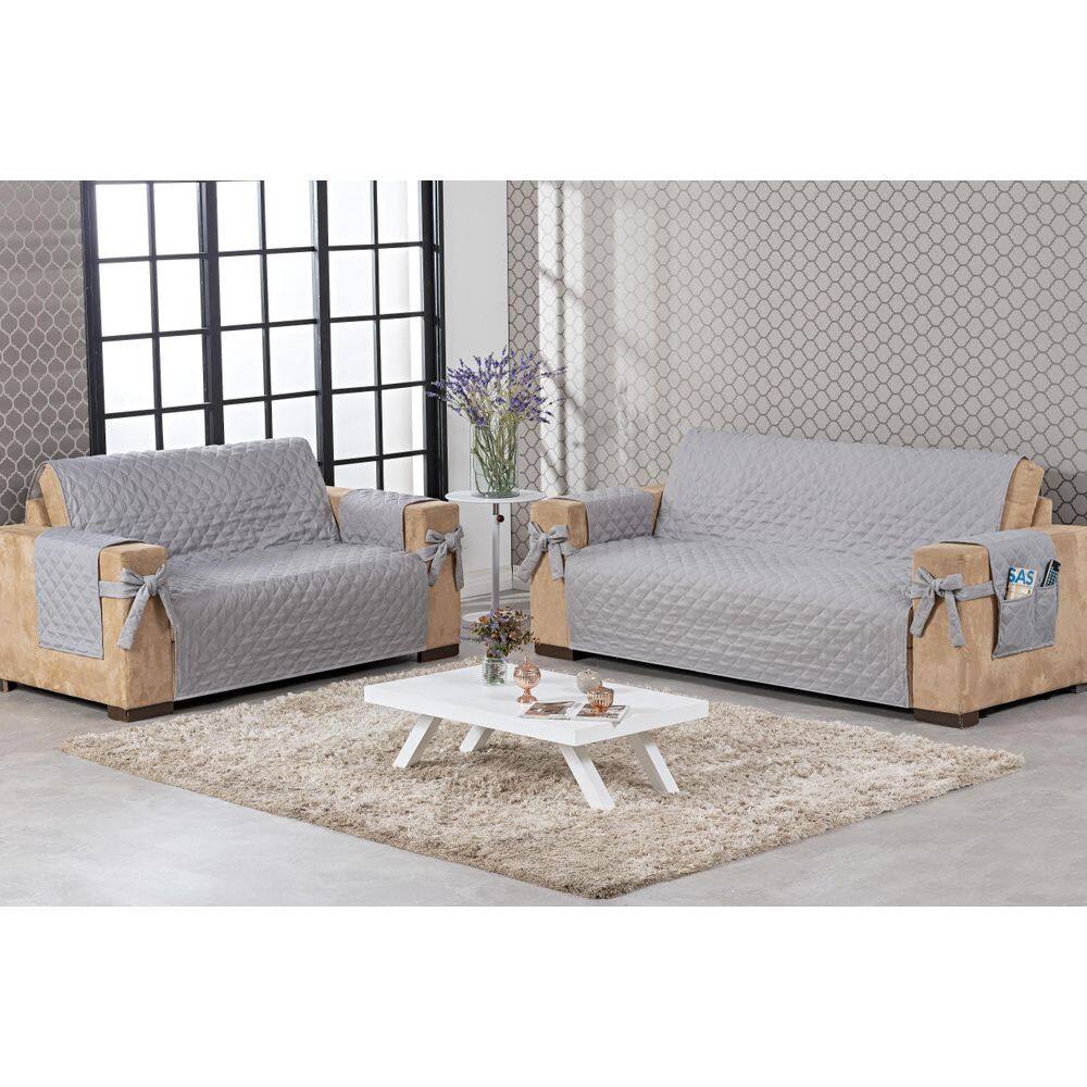 Kit Jogo Capa Protetor De Sofá 2 E 3 Lugares Com Laço Cinza