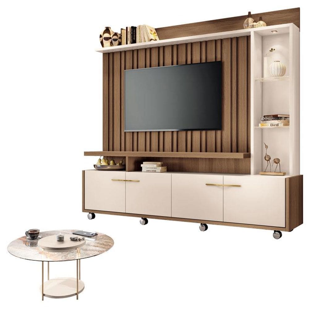 Estante Home Theater Titan Off White Castanho e Mesa de Centro sky com Tampo de Vidro Off White - HB Móveis